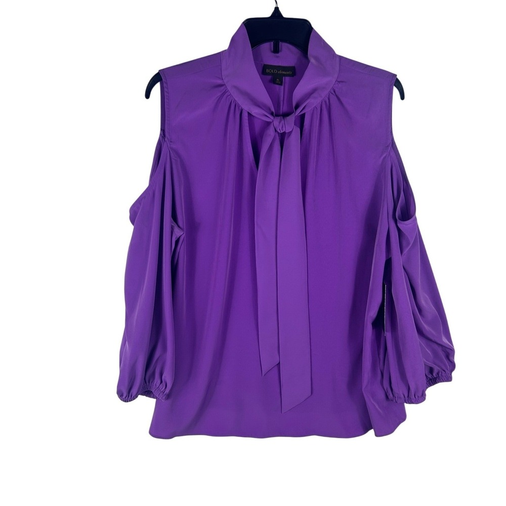 BOLD elements Women Cold Shoulder Tie Neck Blouse Exotic Purple XL Polyester NEW